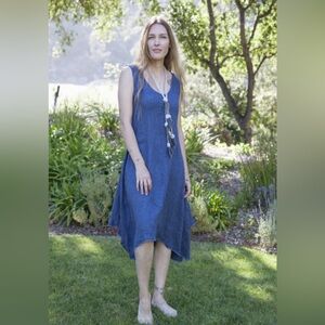 Yuvita Linen Blue Lagenlook Tank Dress XS Raw Hems